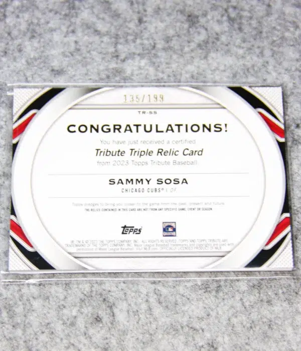2023 Sammy Sosa #TR-SS Topps Tribute Game Used Triple Relic Bat Patch Relic SN#135 - back