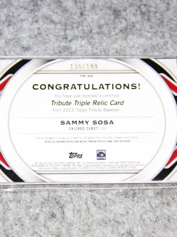 2023 Sammy Sosa #TR-SS Topps Tribute Game Used Triple Relic Bat Patch Relic SN#135 - back