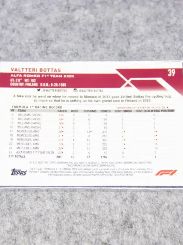 2023 Valtteri Bottas #39 Topps Chrome F1 Gold Wave Refractor SN#49 - back