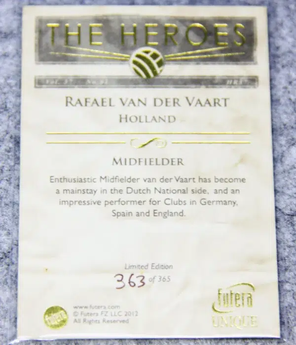 2012 Rafael van der Vaart #HR37 Futera Unique The Heroes Gold SN#363 - back