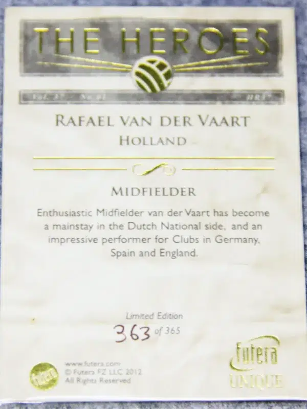 2012 Rafael van der Vaart #HR37 Futera Unique The Heroes Gold SN#363 - back