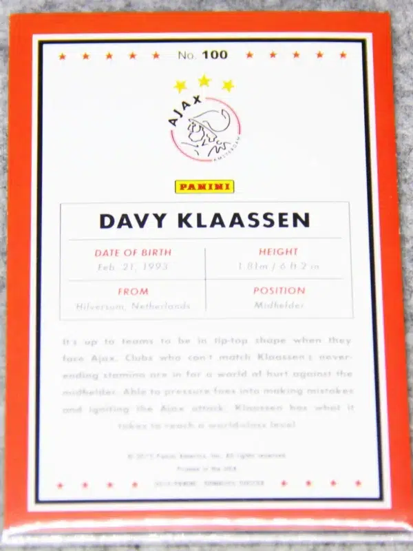 2015 Davy Klaassen #100 Panini Donruss Press Proof Silver SN#93 - back