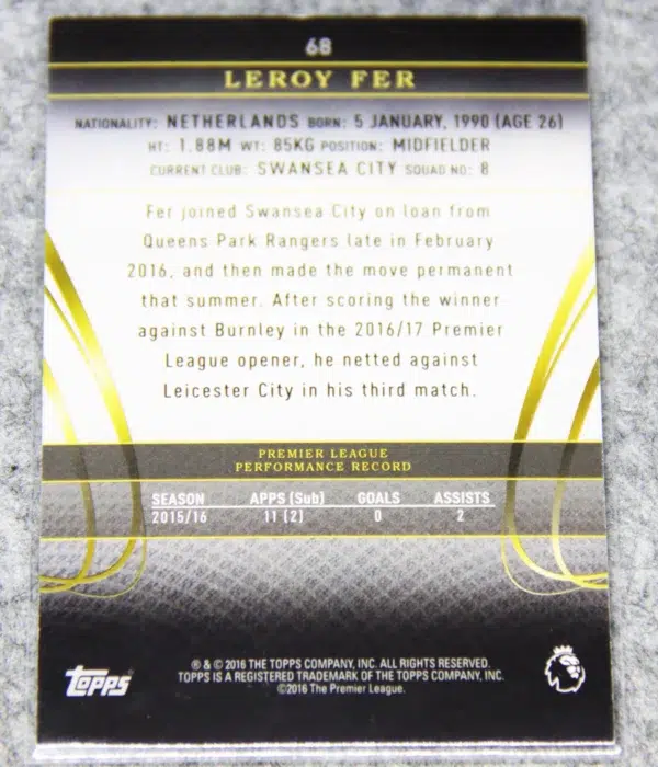2016-17 Leroy Fer #68 Topps English Premier League Silver SN#14 - back