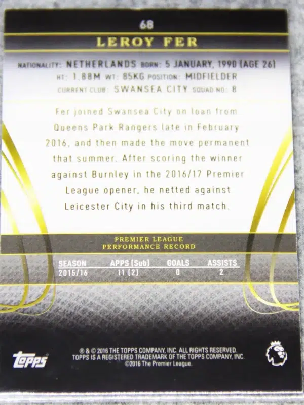 2016-17 Leroy Fer #68 Topps English Premier League Silver SN#14 - back