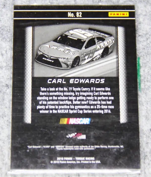 2016 Carl Edwards #82 Panini Nascar Torque Racing Gold Parallel SN#19 - back