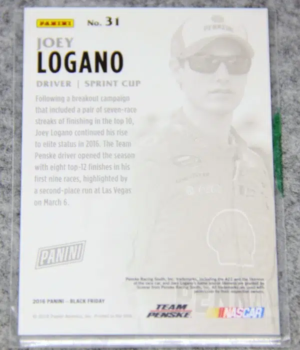 2016 Joey Logano #31 Panini Nascar Black Friday Angular Laser Foil SN#28 - back