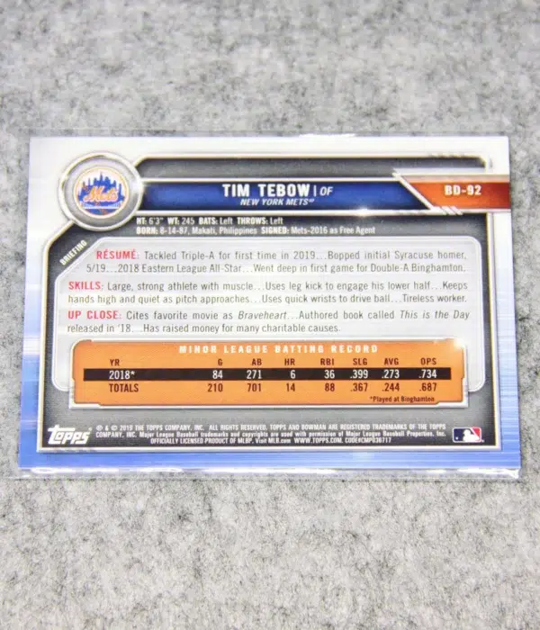 2019 Tim Tebow #BD-92 Topps Bowman Bowman Draft RC - back