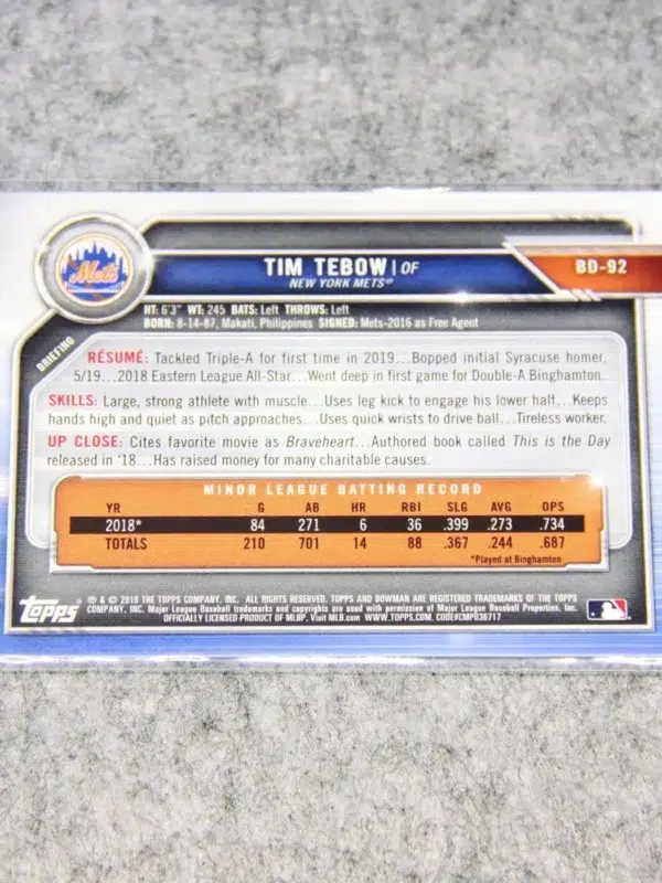 2019 Tim Tebow #BD-92 Topps Bowman Bowman Draft RC - back