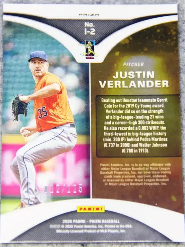 2020 Justin Verlander #I-2 Panini Prizm Illumination Lime Green Prizm SN#12 - back