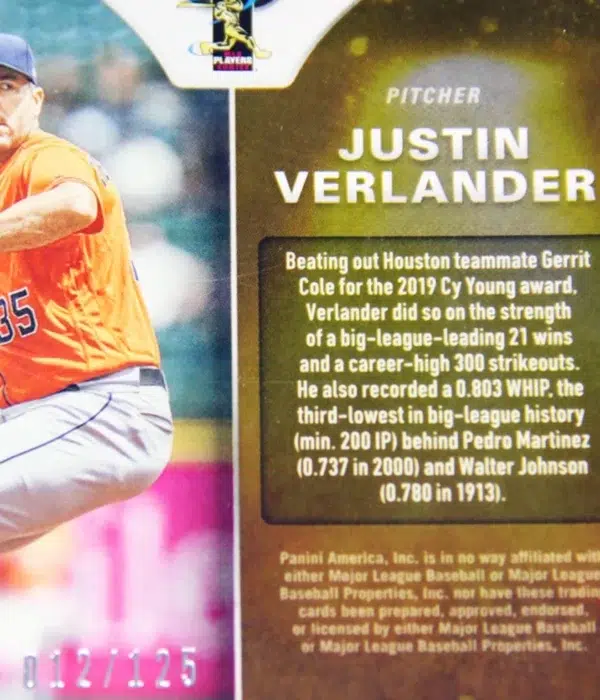 2020 Justin Verlander #I-2 Panini Prizm Illumination Lime Green Prizm SN#12 - detail