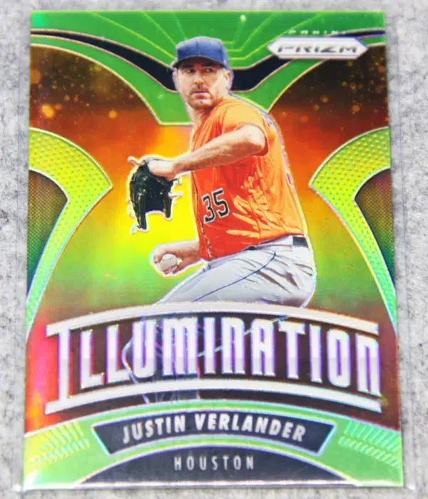 2020 Justin Verlander #I-2 Panini Prizm Illumination Lime Green Prizm SN#12 - front