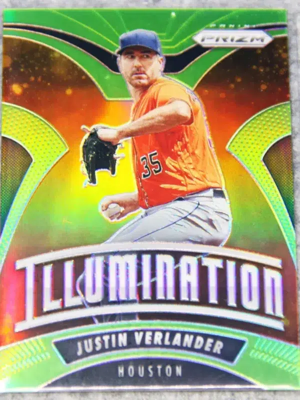 2020 Justin Verlander #I-2 Panini Prizm Illumination Lime Green Prizm SN#12 - front