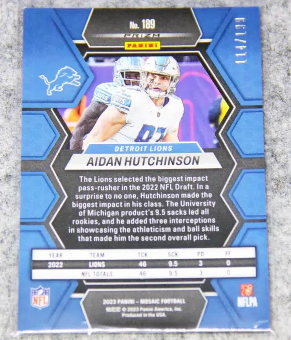 2021 Aidan Hutchinson #189 Panini Mosaic Orange Reactive Prizm SN#114 - back