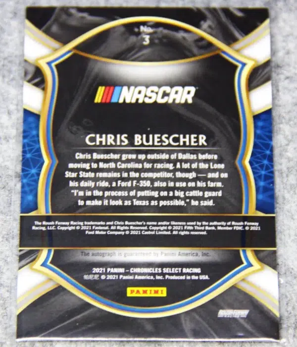 2021 Chris Buescher #82 Panini Nascar Chronicles Select Autograph - back