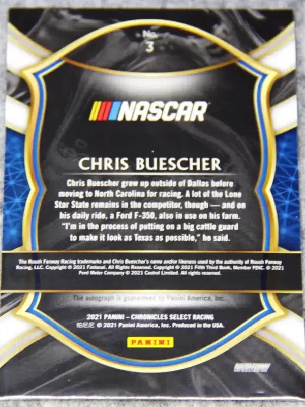 2021 Chris Buescher #82 Panini Nascar Chronicles Select Autograph - back
