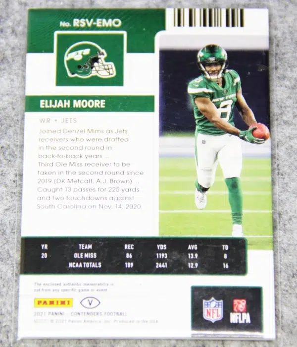 2021 Elijah Moore #RTS-EMO Panini Contenders Green Rookie Ticket RC Patch - back