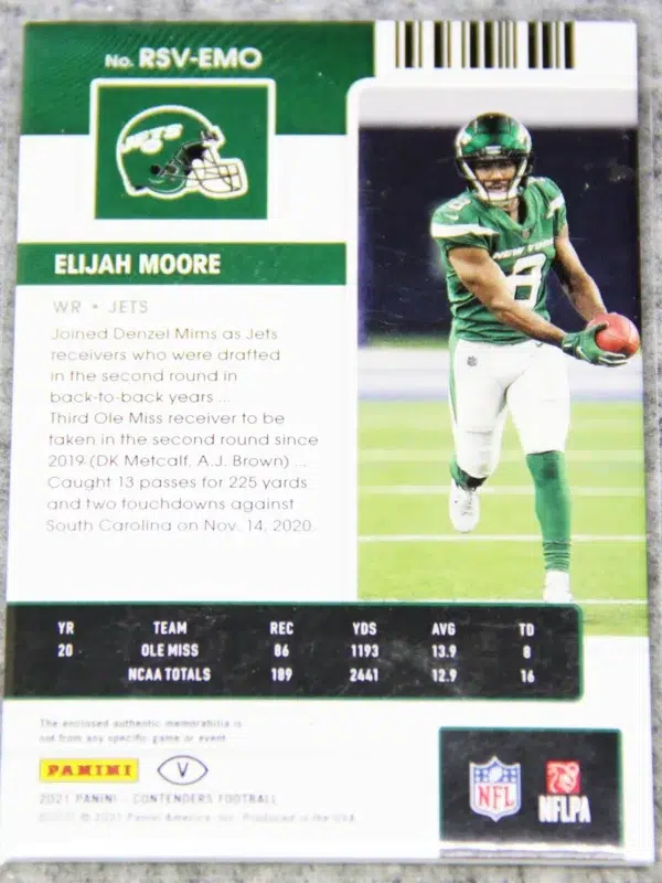 2021 Elijah Moore #RTS-EMO Panini Contenders Green Rookie Ticket RC Patch - back