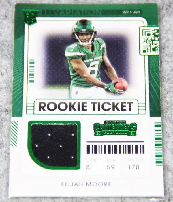 2021 Elijah Moore #RTS-EMO Panini Contenders Green Rookie Ticket RC Patch - front