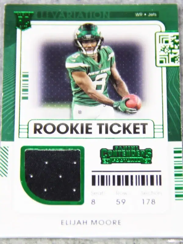 2021 Elijah Moore #RTS-EMO Panini Contenders Green Rookie Ticket RC Patch - front
