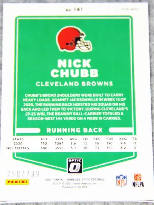 2021 Nick Chubb #141 Panini Donruss Optic Wave Prizm SN#250 - back