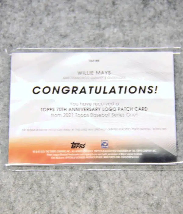 2021 Willie Mays #70LP-WM Topps Series 1 Commemorative 70th Anniversary Logo Patch - back