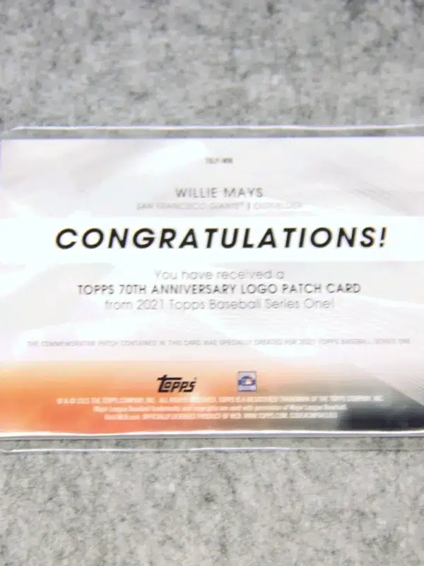 2021 Willie Mays #70LP-WM Topps Series 1 Commemorative 70th Anniversary Logo Patch - back