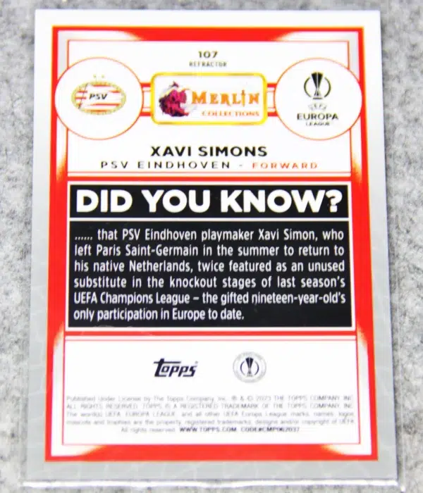 2022-23 Xavi Simons #107 Topps Merlin UEFA Europa League Refractor - back