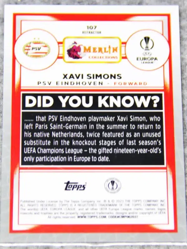 2022-23 Xavi Simons #107 Topps Merlin UEFA Europa League Refractor - back