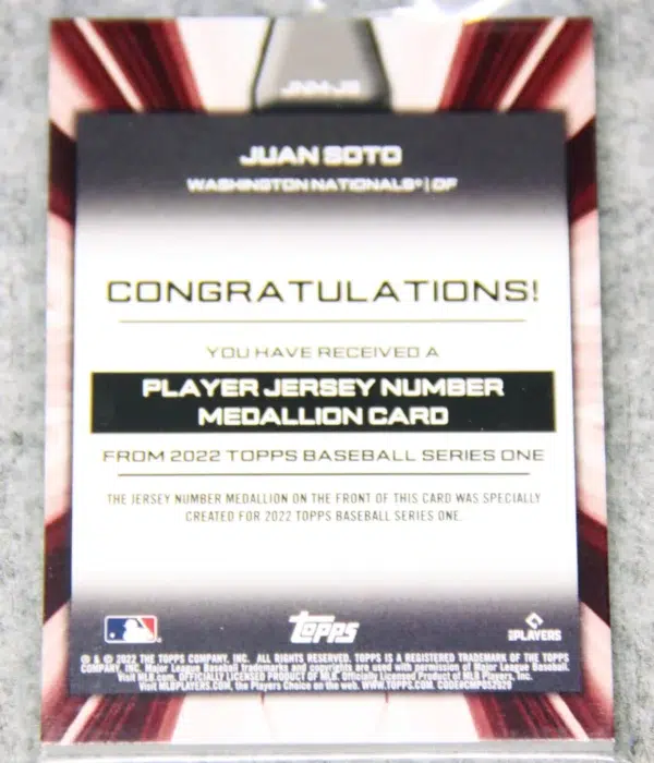 2022 Juan Soto #JNM-JS Topps Series 1 Commemorative Jersey Number Medallion - back