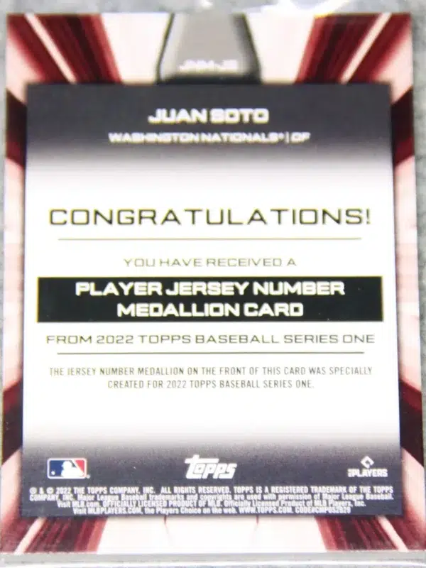 2022 Juan Soto #JNM-JS Topps Series 1 Commemorative Jersey Number Medallion - back