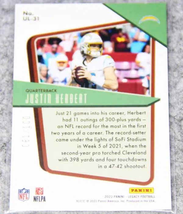 2022 Justin Herbert #UL-31 Panini Legacy Under the Lights Bronze SN#63 - back