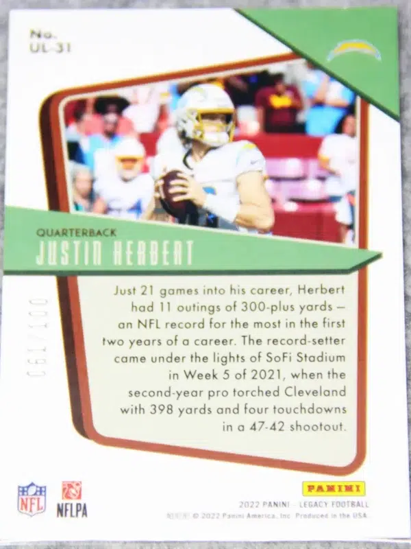 2022 Justin Herbert #UL-31 Panini Legacy Under the Lights Bronze SN#63 - back