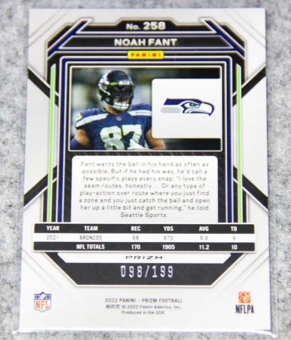 2022 Noah Fant #258 Panini Prizm Blue Wave Prizm SN#98 - back