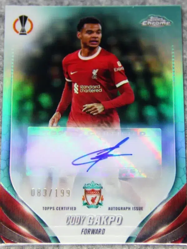 2023-24 Cody Gakpo #CA-CG Topps Chrome UEFA Club Competitions Aqua Refractor Autograph SN83 - front