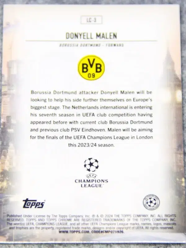 2023-24 Donyell Malen #LC-3 Topps Chrome UEFA Champions League London Calling - back