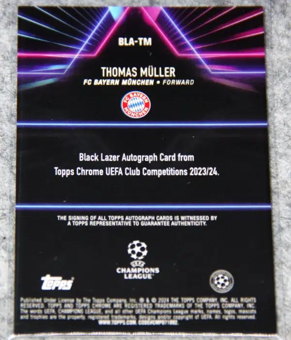 2023-24 Thomas Muller #BLA-TM Topps Chrome UEFA Club Competitions Black Lazer Refractor Autograph SN#95 - back