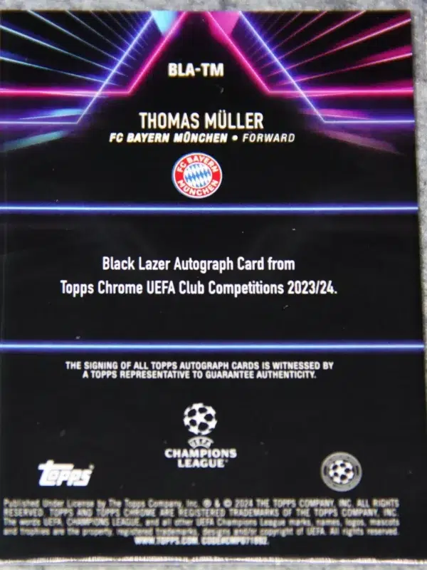 2023-24 Thomas Muller #BLA-TM Topps Chrome UEFA Club Competitions Black Lazer Refractor Autograph SN#95 - back