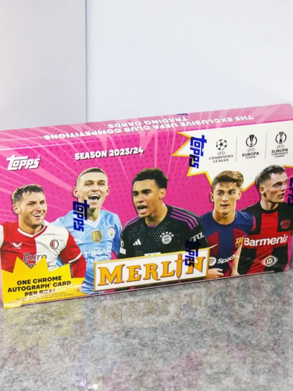 2023-24 Topps Chrome Merlin UEFA Club Competitions Soccer Hobby Box - Sealed - stand