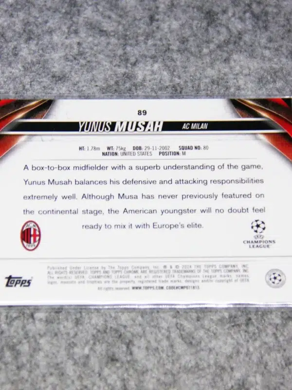 2023-24 Yunus Musah #89 Topps Chrome UEFA Champions League Gold Geometric Refractor SN#4 - back
