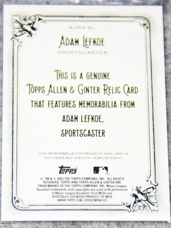 2023 Adam Lefkoe #AGRA-AL Topps Allen & Ginter Worn Memorabilia Relic - back