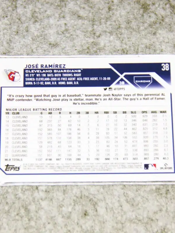 2023 Jose Ramirez #38 Topps Chrome Magenta Speckle Refractor SN#171 - back