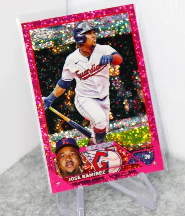 2023 Jose Ramirez #38 Topps Chrome Magenta Speckle Refractor SN#171 - stand