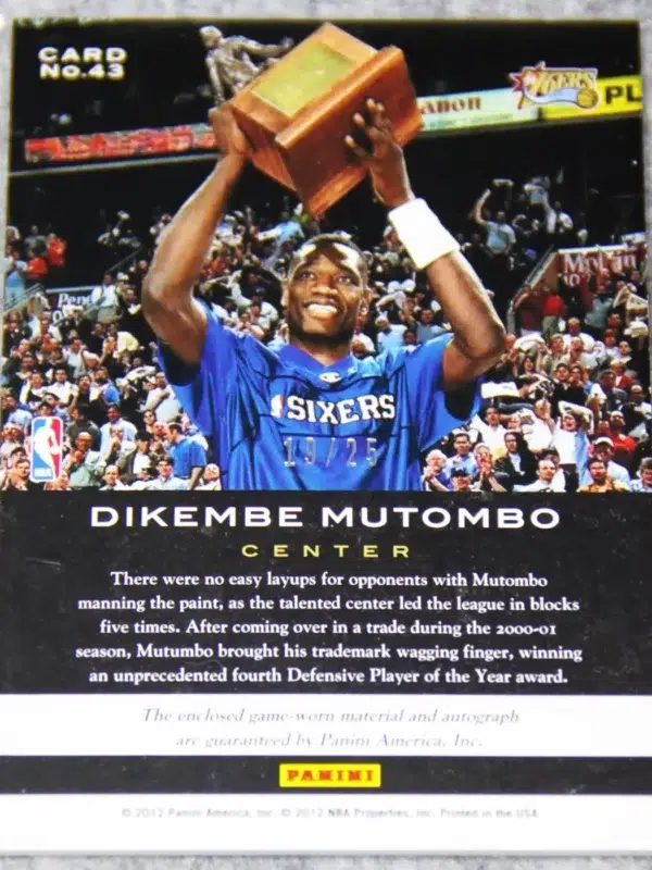 2011-12 Dikembe Mutombo #43 Panini Limited Trophy Case Patch Autograph SN#19 - back