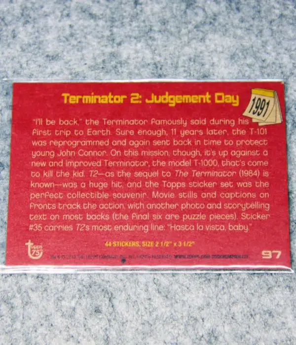 2013 Arnold Schwarzenegger #97 Topps 75th Anniversary 1991 Terminator 2 Judgement Day - back