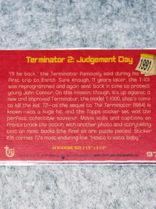 2013 Arnold Schwarzenegger #97 Topps 75th Anniversary 1991 Terminator 2 Judgement Day - back