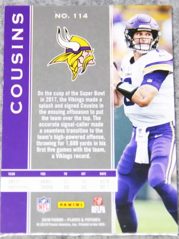 2017 Kirk Cousins #114 Panini Plates and Patches Blue Parallel SN#43 - back