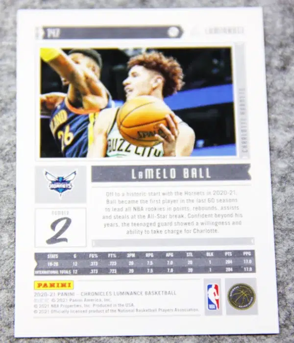 2020-21 LaMelo Ball #147 Panini Chronicles Luminance Pink Parallel RC - back