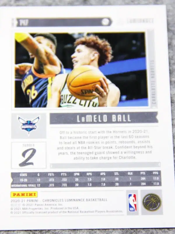 2020-21 LaMelo Ball #147 Panini Chronicles Luminance Pink Parallel RC - back