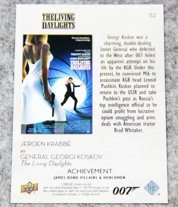 2020 Jeroen Krabbe as General Georgi Koskov #52 UD 007 James Bond Villains & Henchmen Red - back