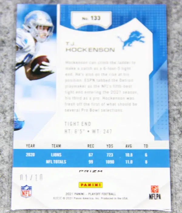 2021 T.J. Hockenson #133 Panini Playoff Plus Football Gold Prizm SN#1 - back